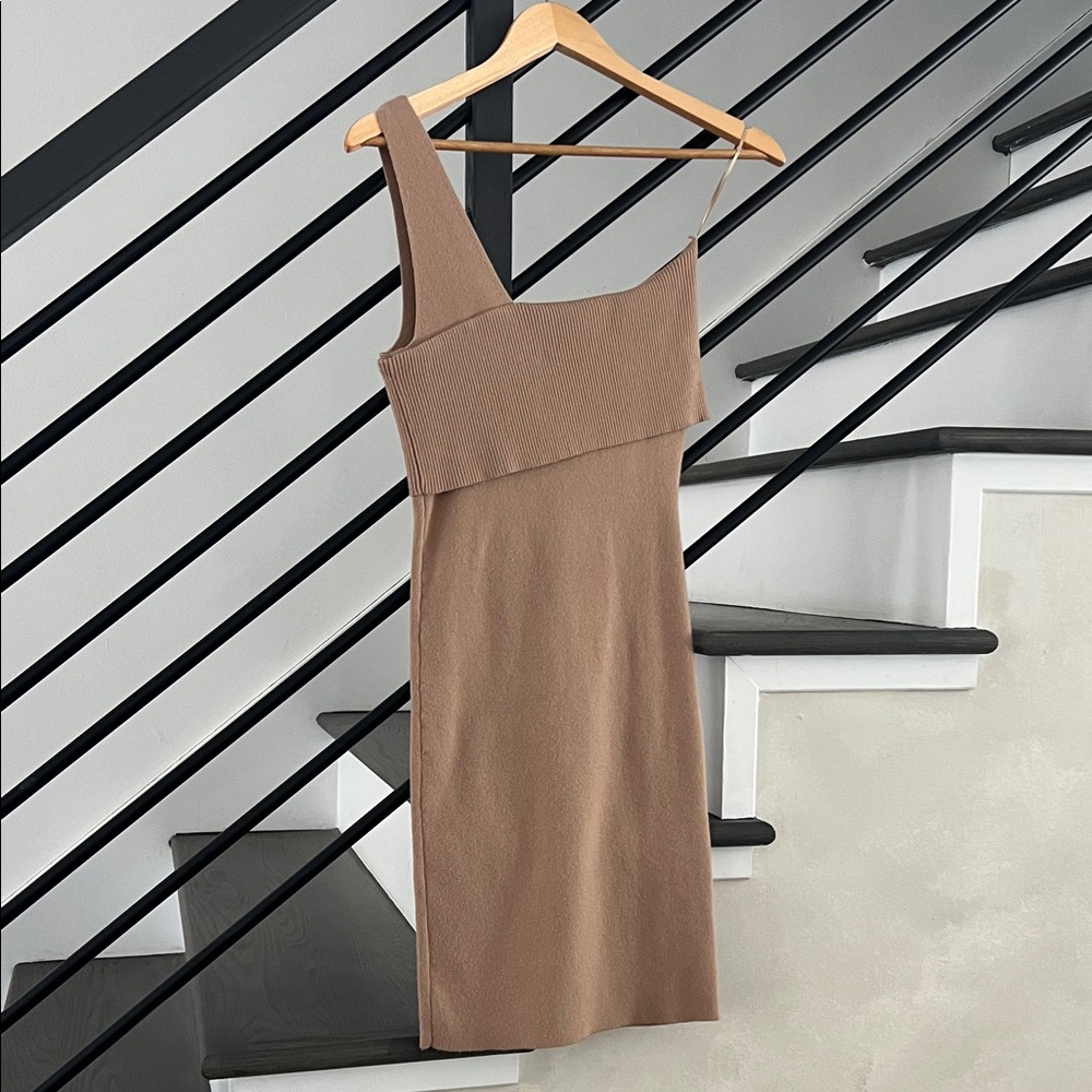 Line & Dot Asymmetrical Tan Dress